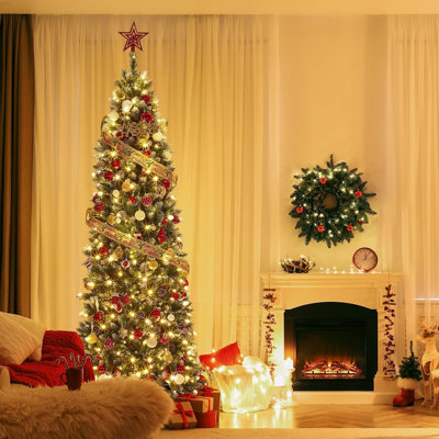Décoration de Noël mince pour arbre de Noël 12 pi avec lumières de Noël, lumières DEL minces, support en métal, arbre de Noël pour chambre, chambre à coucher, appartement, porche extérieur, bureau, vert et blanc