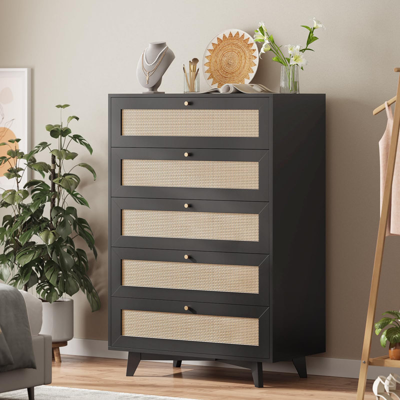  5 Drawers Rattan Dresser, Black