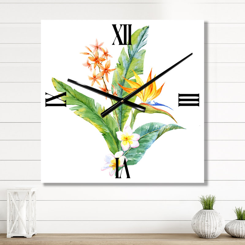 Horloge murale fleurs tropicales avec feuilles I, Petit