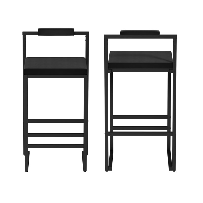 Ensemble de 2 tabourets de bar rembourrés en velours moderne avec repose-pieds et dossier pour la cuisine (noir et noir)