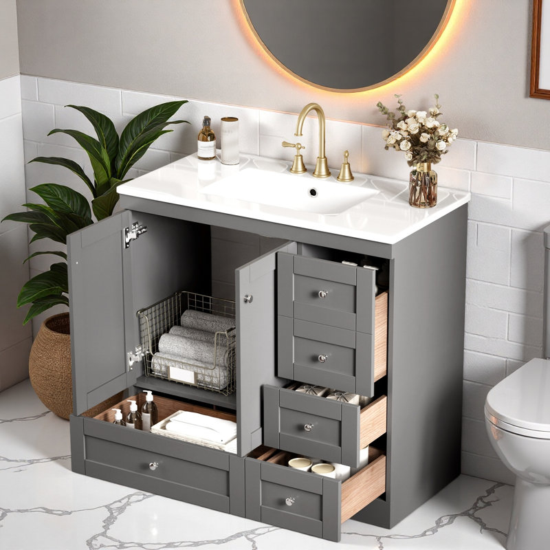 Meuble-lavabo autoportant avec lavabo en céramique, 4 tiroirs et armoire, Gris