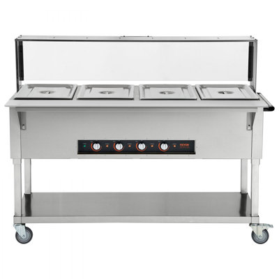 Chauffe-plat commercial à 4 plats, table à vapeur électrique 4 x 20,6 pte, chauffe-plat professionnel de 2000 W avec protège-éternuement en acrylique, desserte en acier inoxydable de qualité alimentaire pour restaurant de fête