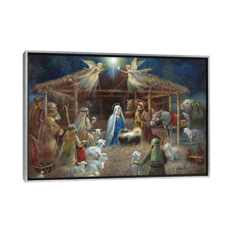 La Nativité par Ruane Manning - reproduction d'art, H 26 po x l 40 po x 1,5 po, Aucun mat, Toile avec cadre argenté