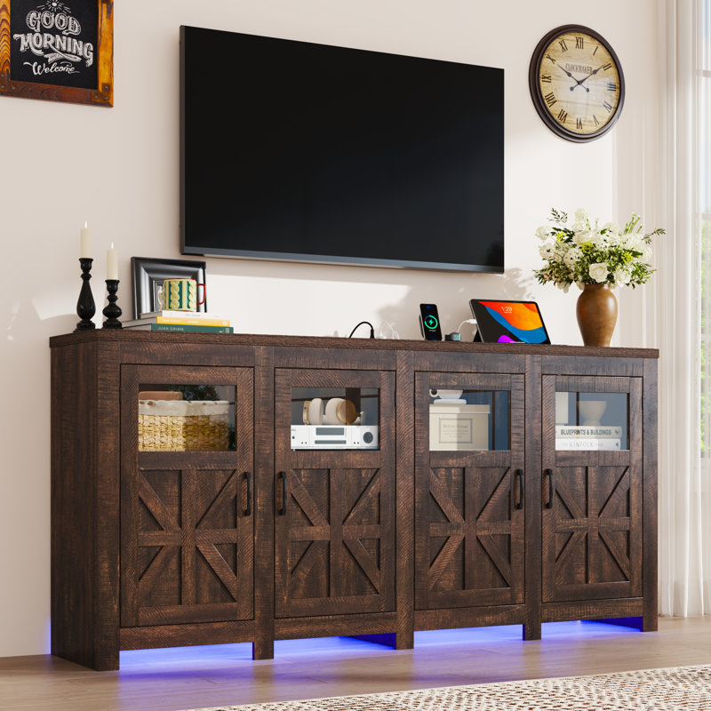 74" LED Farmhouse TV Stand For Tvs Up To 85" With Power Outlets And Adjustable Shelves, Brown, 35.5" H x 74" L x 15.75" W