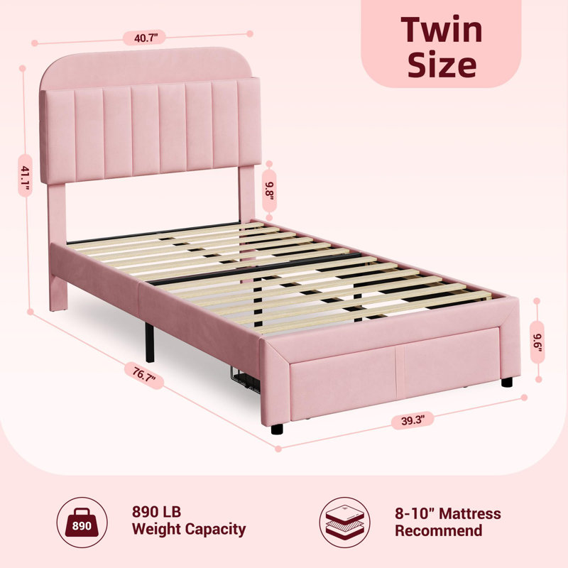 Structure de lit avec tiroir, structure de lit tapissier en velours avec tête de lit, Rose