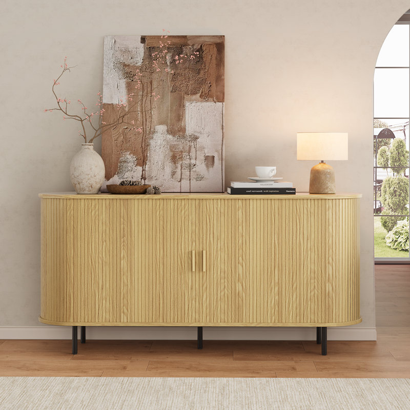 63" Sideboard Buffet Cabinet With Large Drawer, Storage Buffet With Tambour Sliding Door & Adjustable Shelf, Oak