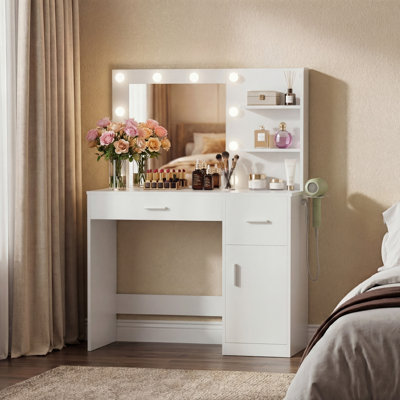 Vanity Table Set with Lights, Mirror & Storage, Makeup Vanity Desk with Power Outlet for Bedroom