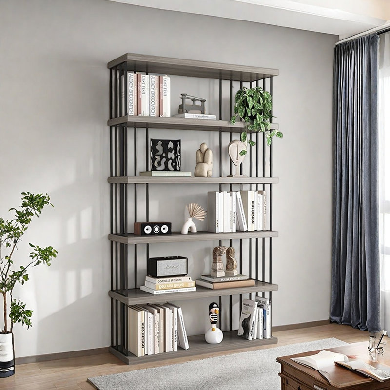 Bibliothèque classique de style rangement, (5 Shelves) 75.9"H x 39.3"W x 13.7"D, Gris / Noir