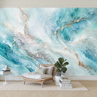 Wall Mural Peel and Stick Wallpaper Abstract Marble Effect Turquoise White Swirls Self-Adhesive Removable Contact Paper Wall Decor for Living Room Bedroom 100"H x 144"W