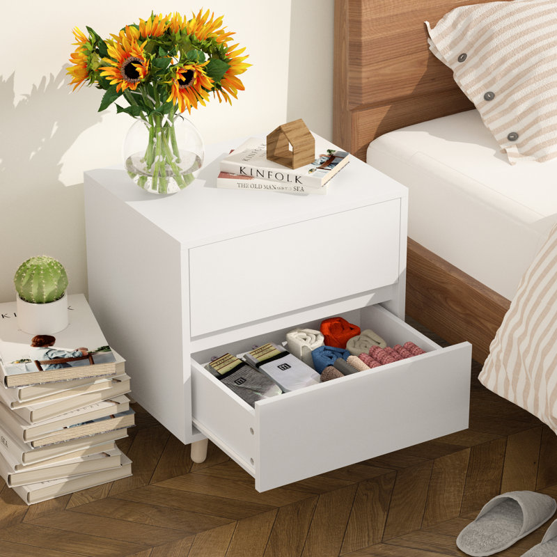 Table de chevet en polyfurniture MDF (2 tiroirs), Blanc