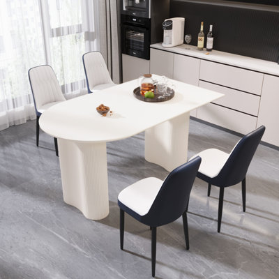 63 "Medieval Modern Cream Style MDF Dining Table And PU Dining Chair Set 4. Assemble Desktop And Black Metal Leg Dining Chair Set, Suitable For Home&Kitchen