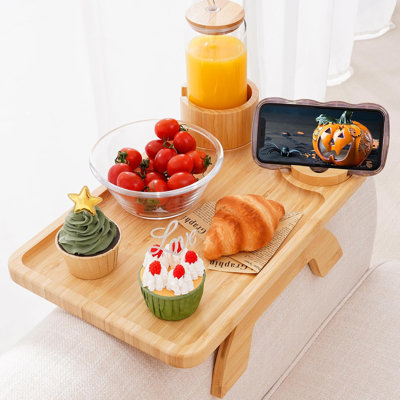 Couch Table on Arm,3 in 1 Large 15.36"x9.85" Bamboo Couch Cup Holder Sofa Arm Clip on
