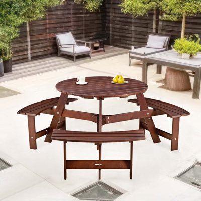 Table de pique-nique d'extérieur pour 6 personnes, table de pique-nique ronde pour 6 personnes avec 3 bancs intégrés, trou pour parasol, table d'extérieur et banc pour le jardin, la cour, le porche, le patio