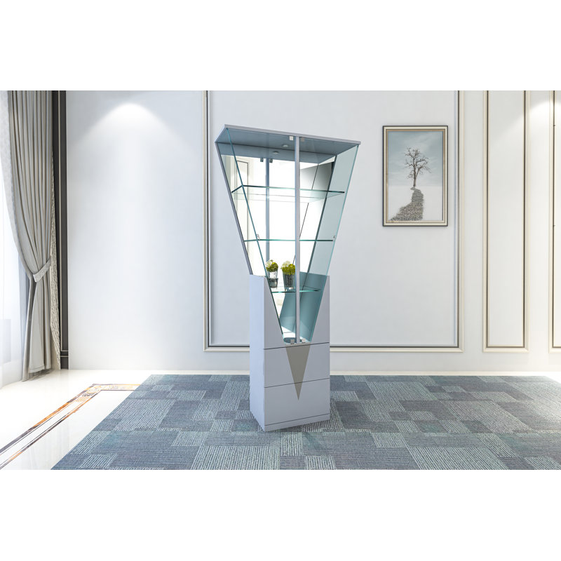 Mescal Triangular Design Curio w/ Shelves, Drawers & LED Lights, Silver