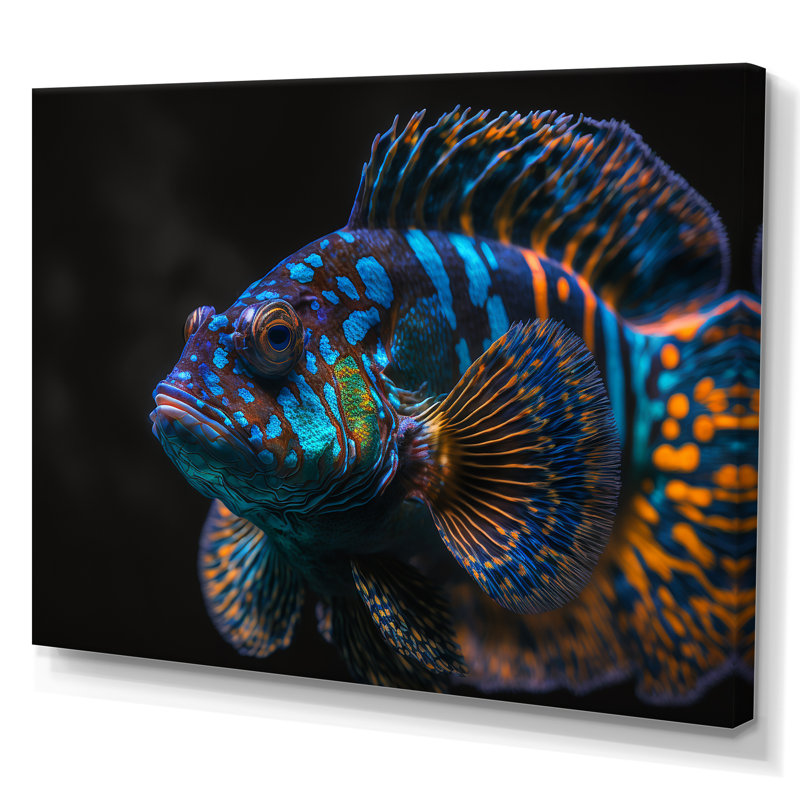 Halona, magnifique poisson mandarine dans des tons de bleu VII - impression, H 12 po x l 20 po x P 1 po, Toile tendue