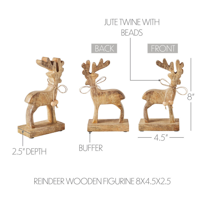 Figurine festive en bois de renne, H 8 po x l 4,5 po x P 2,5 po