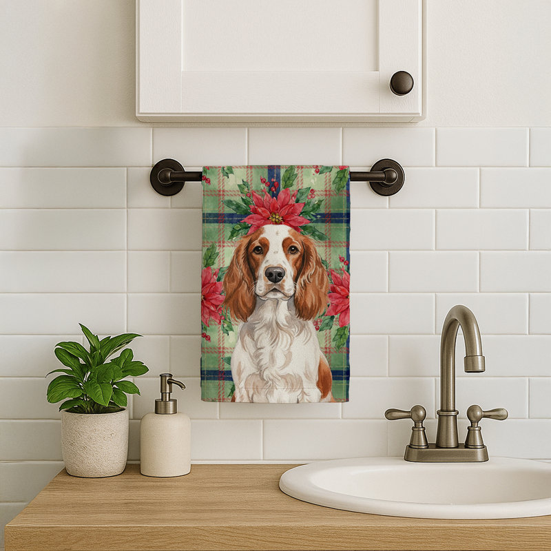 Welsh Springer Spaniel Christmas PoinsettIas Kitchen Towel, White/Brown Welsh Springer Spaniel