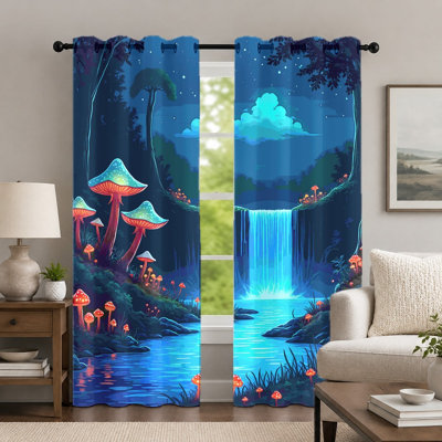 2Pcs Fantasy Forest Mushroom Waterfall Curtains, Magical Night Nature Scene Printed Drapery, Whimsical Glowing Plant Landscape Art Grommet Drapes, Window Treatment for Bedroom Living Room Decor