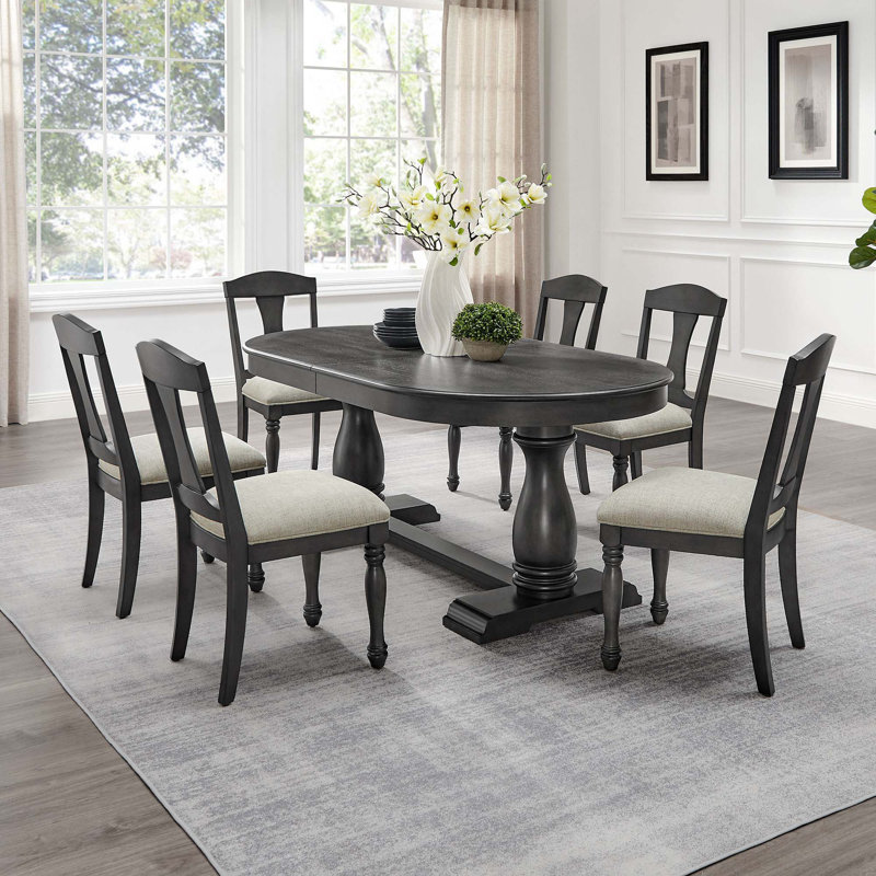 Ensemble de table de salle à manger 7 pièces 7 pièces Mid-Century, Chêne foncé / beige, Chêne foncé