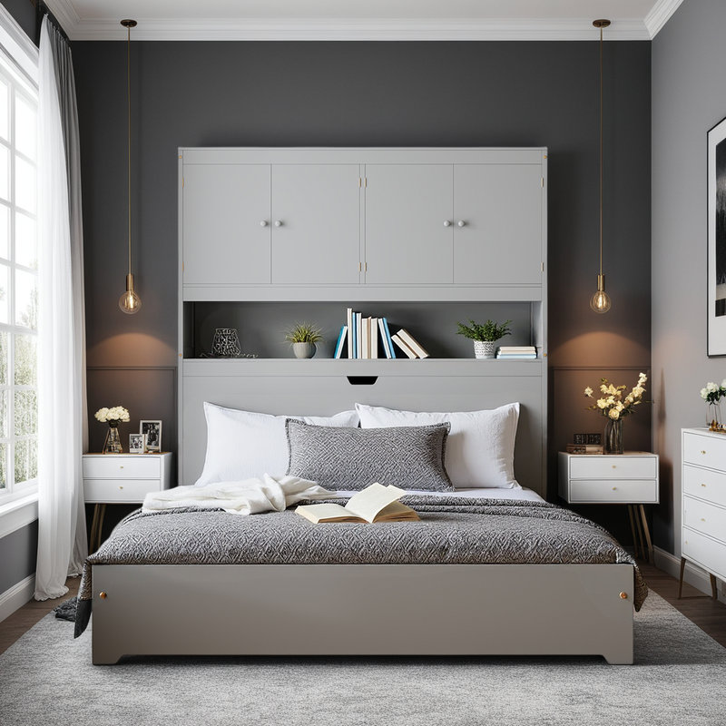 Lit plateforme simple en bois avec tête de lit bibliothèque USB, Gris