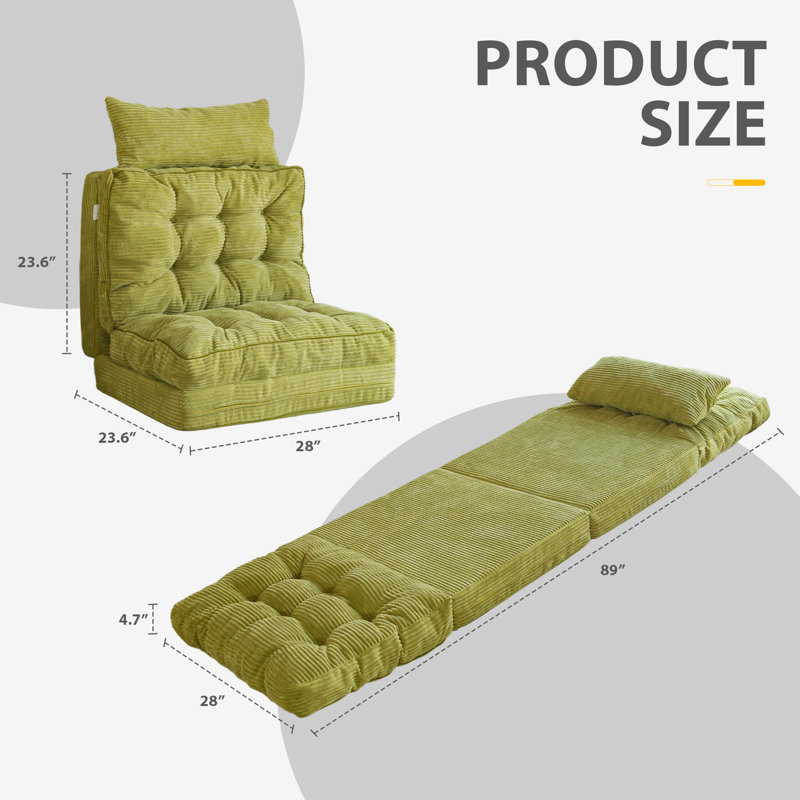 Canapé-lit Corduroy, Velours côtelé vert, H 4,7 po x l 28 po x P 89 po