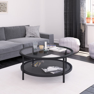 Table basse ronde en acier et en verre de 36 po avec tablette Chiang