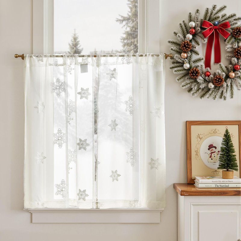 Rideau de rideau de cuisine brodé en forme de flocon de neige blanc pour petites fenêtres, L 36 po x L 26 po