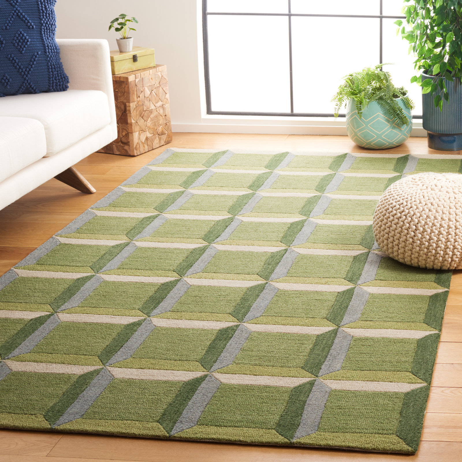 Giedre Green Beige Hand-Tufted Wool Rug, Rectangle 5' x 8'