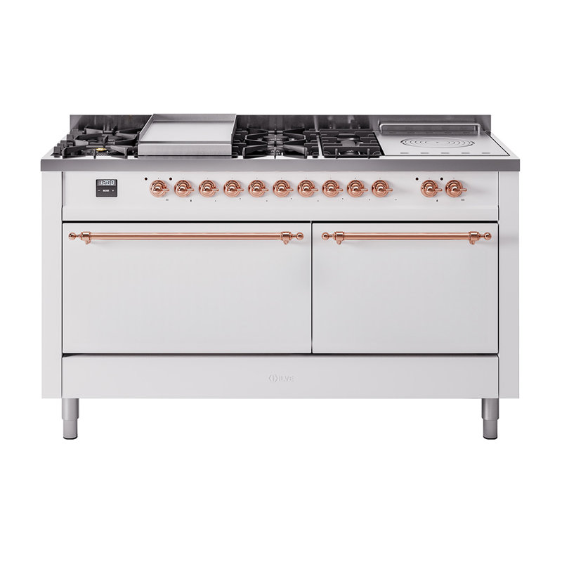 ILVE Nostalgie II 60 in Dual Fuel Range, 7 Burner, Griddle, Frenchtop, Natural Gas, White/Copper