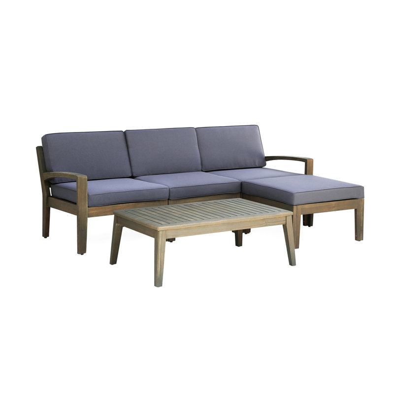 Canapé modulaire d'extérieur en forme de L - 3 pièces confortables avec table basse et table basse, bois, structure grise, coussins en tissu