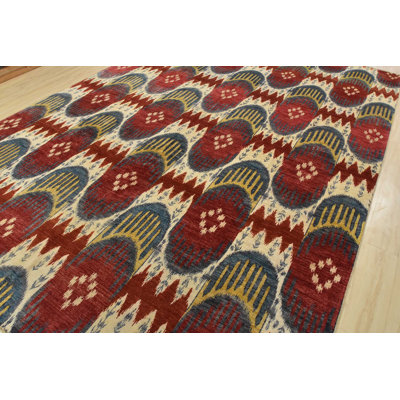 Tapis moderne noué à la main en laine rouge beige 10 pi 3 po x 13 pi Ikat