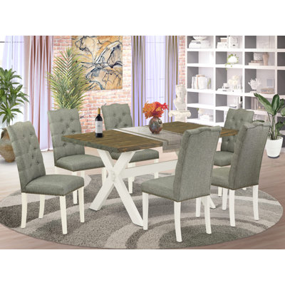 Ensemble de table de salle à manger 7 pièces composé d'une table de salle à manger rectangulaire avec pieds en X et 6 chaises Parson rembourrées en tissu gris, lin brossé blanc