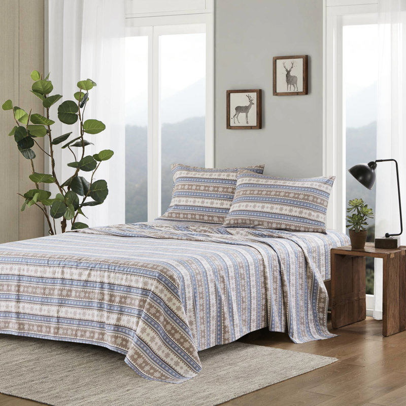 Drap-housse bleu flocon de neige 3 pièces bleu, flanelle 100% coton, finition velours doux, entièrement ajusté, lavable à la machine, avec plat et taies d'oreiller en flanelle