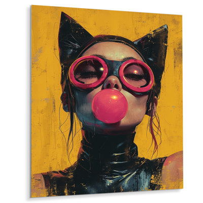 Femme chat avec gomme à bulles rose - mode femme, art mural