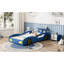 Lit plateforme simple Blue Race Car pour adolescents, en bois avec roues, confortable et fonctionnel, rangement à la tête, lit jaune à assemblage rapide, conception esthétique des roues, rails,
