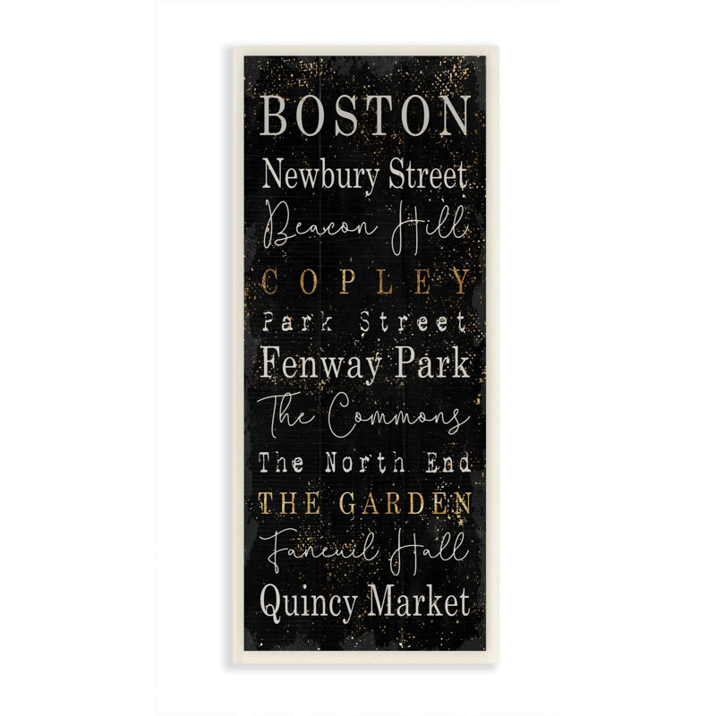 «Boston City Places Black Gold Textured Word Design», art textuel, H 17 po x l 7 po, Plaque murale
