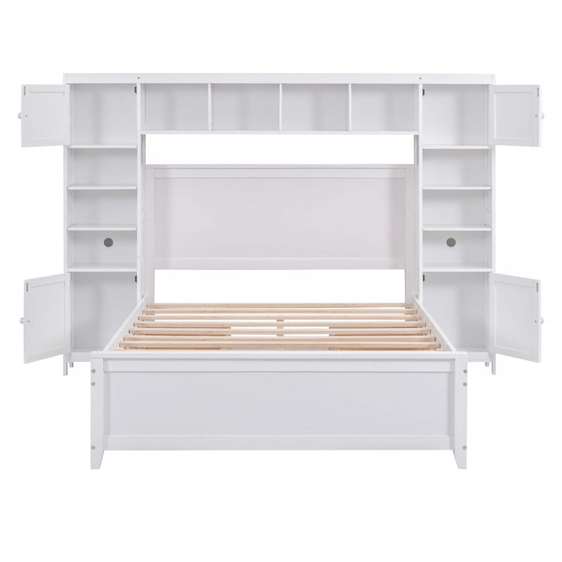 Full Size Wooden Bed With All-In-One Cabinet And Shelf, White