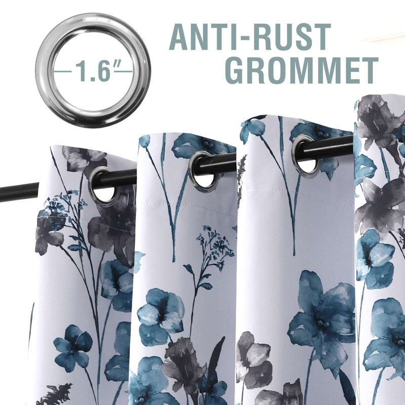 Rideau 100% occultant à motif floral Peshy, Gris te bleu, L 84 po x l 52 po
