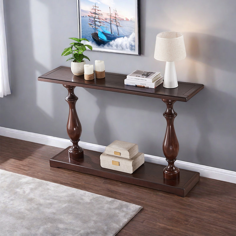 Console à colonne romaine de style américain., H 34,65 po x l 55,12 po x P 13,78 po, Marron foncé