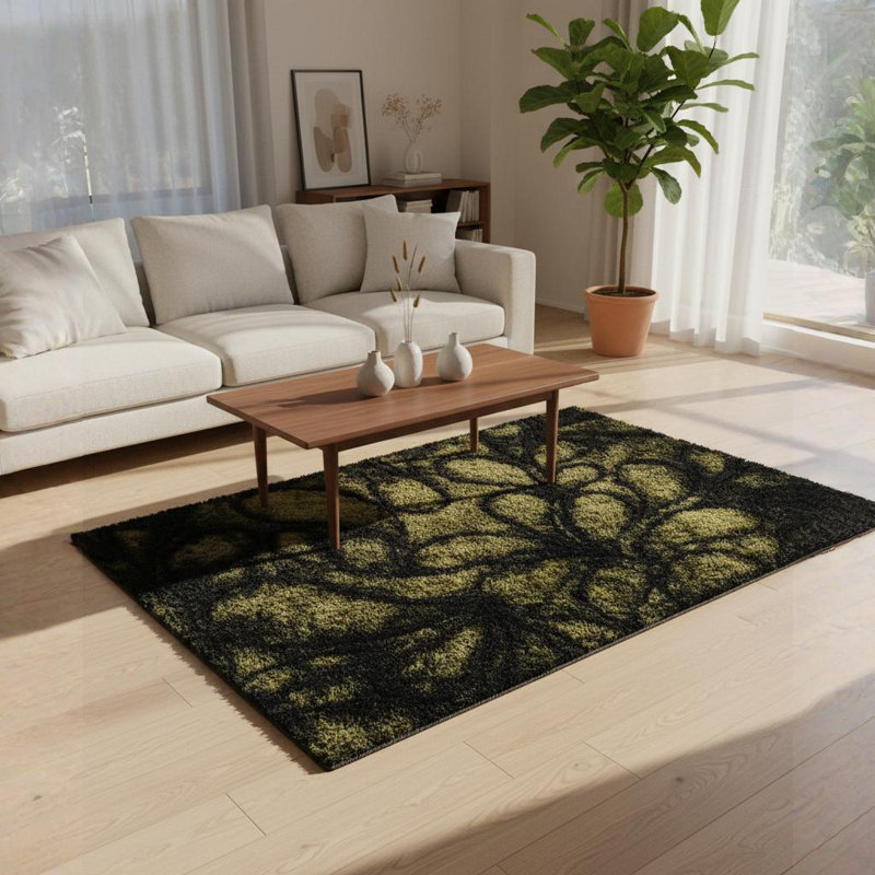 Tapis à poils longs en polyester vert olive tissé à la main Helene, 5 pi x 7 pi 6 po
