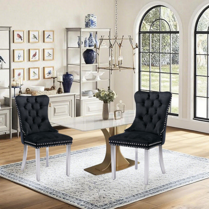 Chaise de salle à manger en velours avec anneau à dossier et pieds en bois massif, 2, Noir, Argent argent