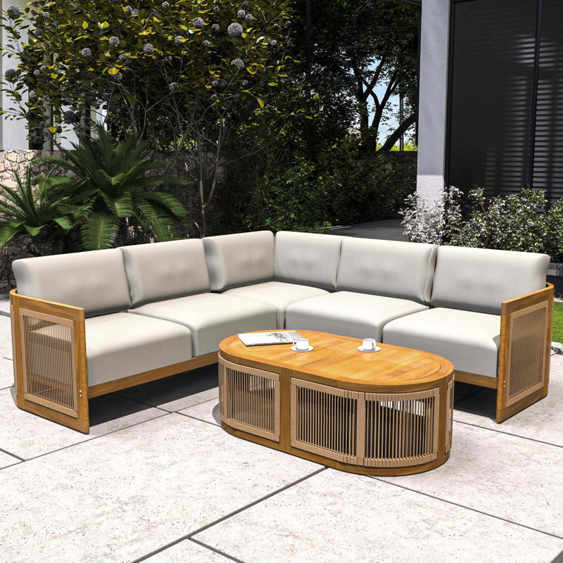 L-Shape 4-Seat Solid Acacia Modular Sofa Set With Oval Coffee Table