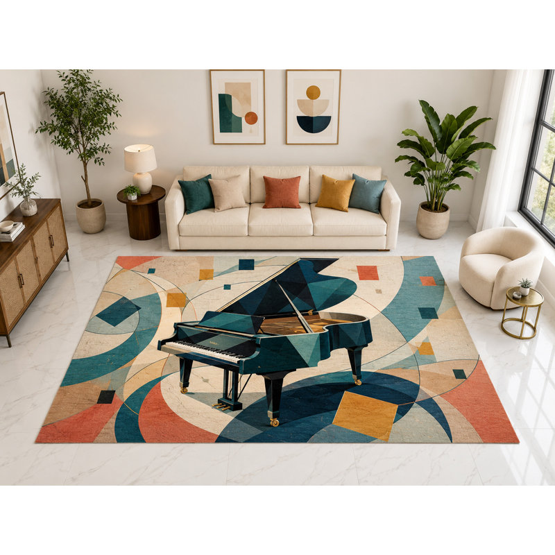 Grand tapis de piano à queue abstrait 6 pi 7 po x 9 pi 10 po «Ultra Thin», tapis d'intérieur doux à poils courts, envers en silicone antidérapant pour le salon bleu sarcelle