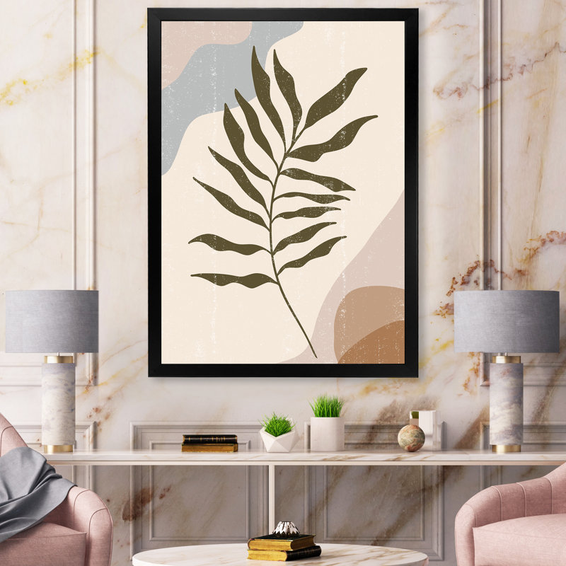 «Botanical Minimalist Leaf in Earth Tones I», peinture sur toile encadrée, H 32 po x l 16 po x P 1 po, Cadre noir
