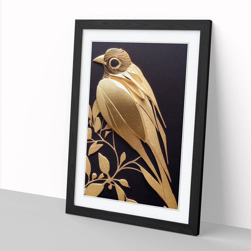 FRM-V0523-241X Bird Gold Leaf - Single Picture Frame Print, 46cm H x 34cm W x 2cm D, Walnut Framed