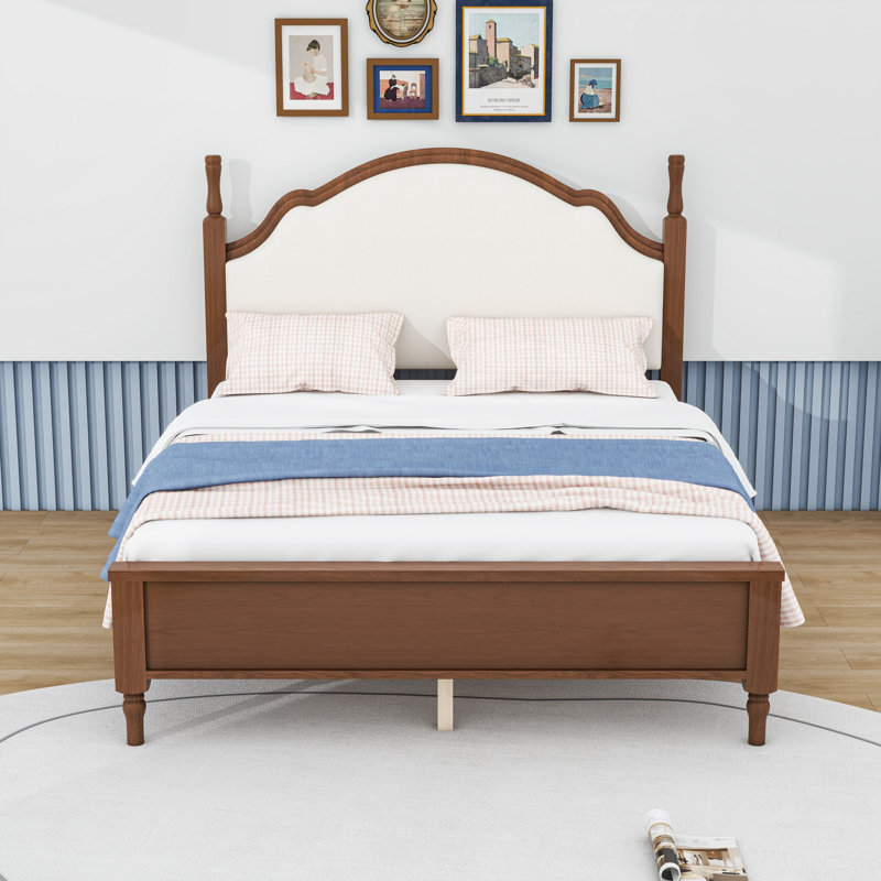 Lit plateforme en bois avec tête de lit tapissier courbée et pieds centraux, Grand lit, Beige Brown