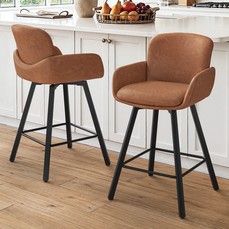 Upholstered Swivel Bar Stools with Metal Frame, New Brown