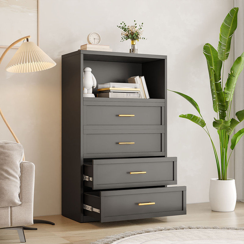  Commode moderne à tiroirs en métal avec comptoir ouvert, Noir, noir, noir, noir