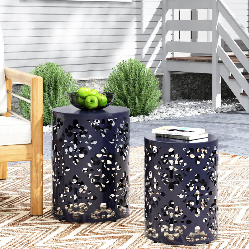Metal End Table - Modern Design Iron Cut, Navy Blue Hue, Strong Powder-Coated Frame, No Assembly Side Cut Decoration,