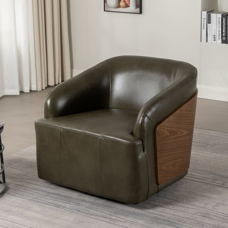 Fauteuil demi-tonneau pivotant en cuir véritable, Vert olive